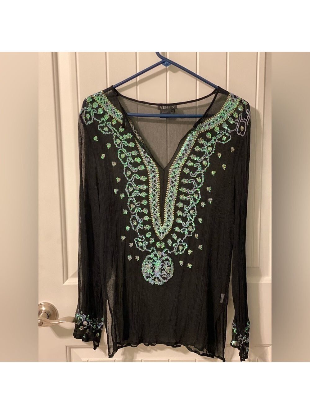 VENUS Black 100% Silk Shear Blouse White Sequin V Design on front & cuffs Sz MED
